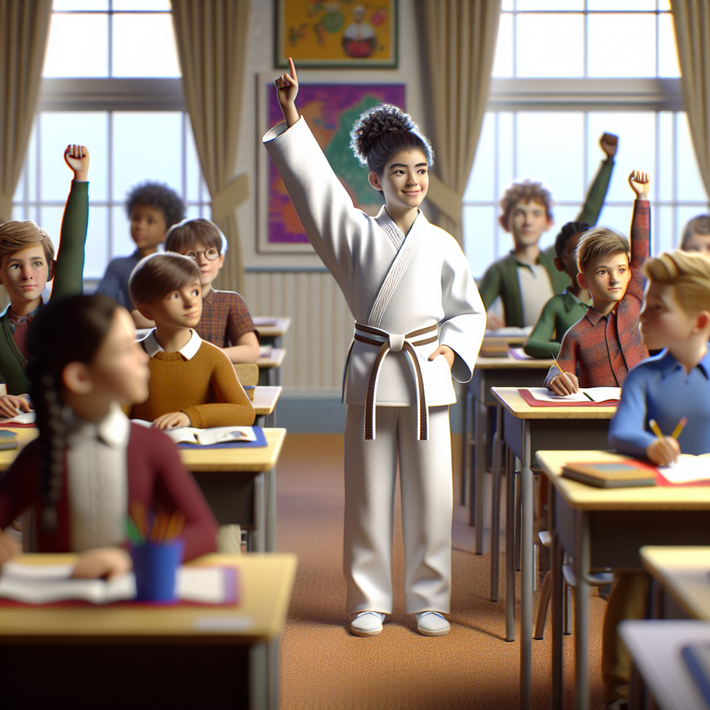 Girl in martial arts uniform raises her hand confidently in class