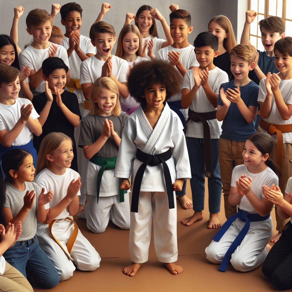 Group of martial arts children celebrating the success of one of the students